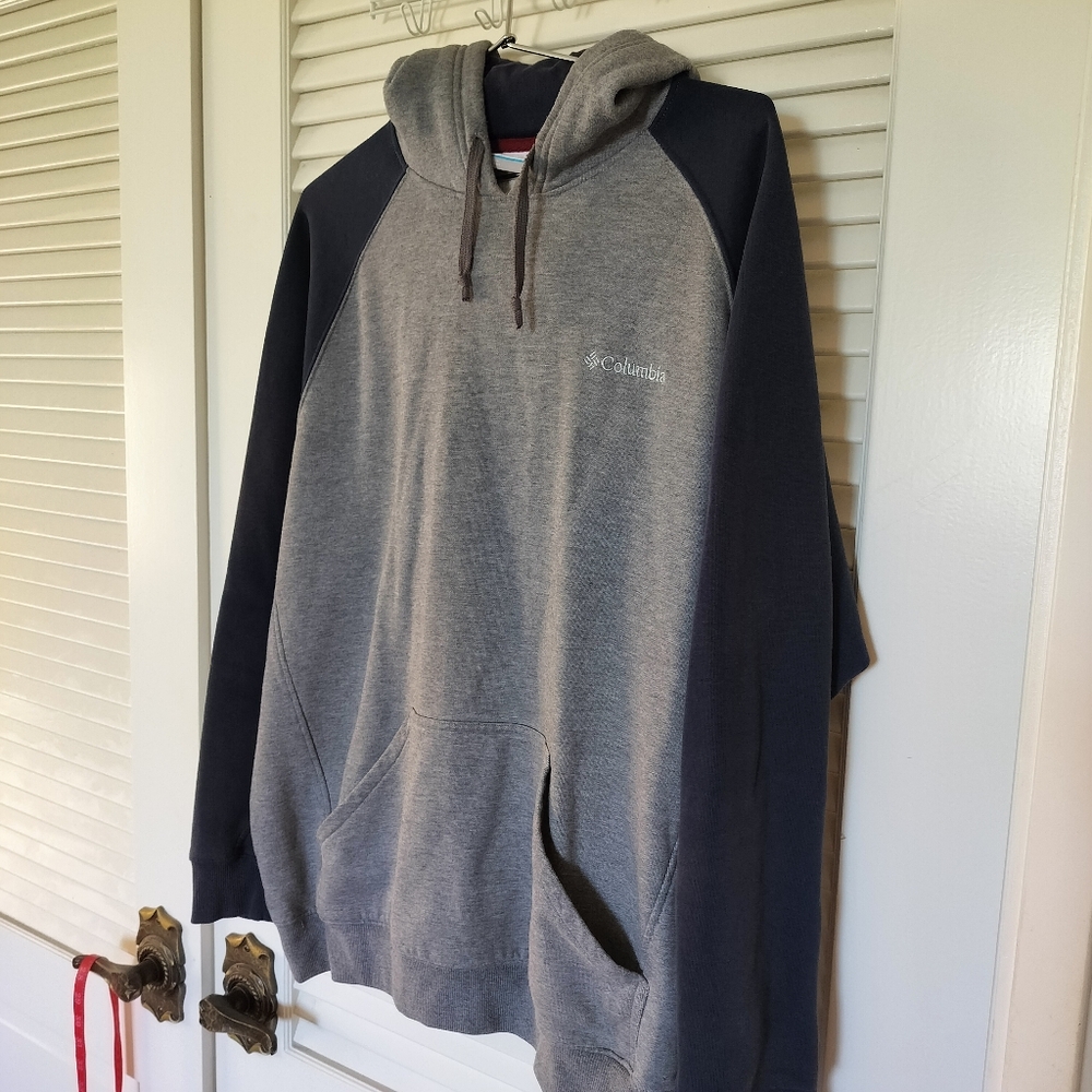 Columbia Men's Pullover Gray Navy Hoodie Size Large Fleece Lined
